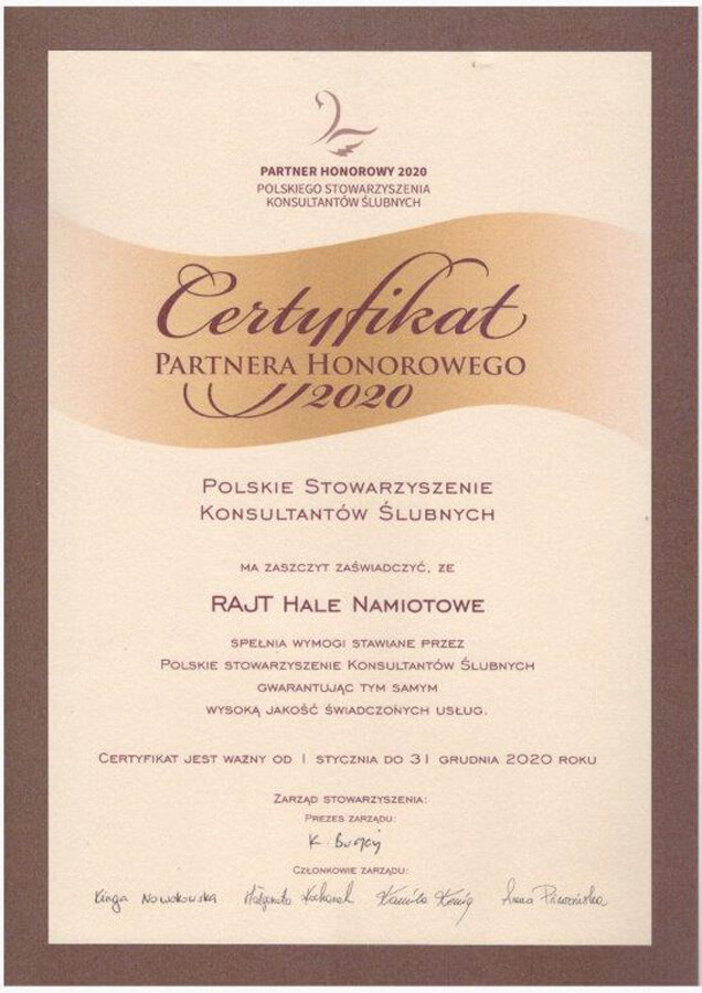 Certyfikat Partnera Honorowego 2020 dla RAJT Hale Namiotowe
