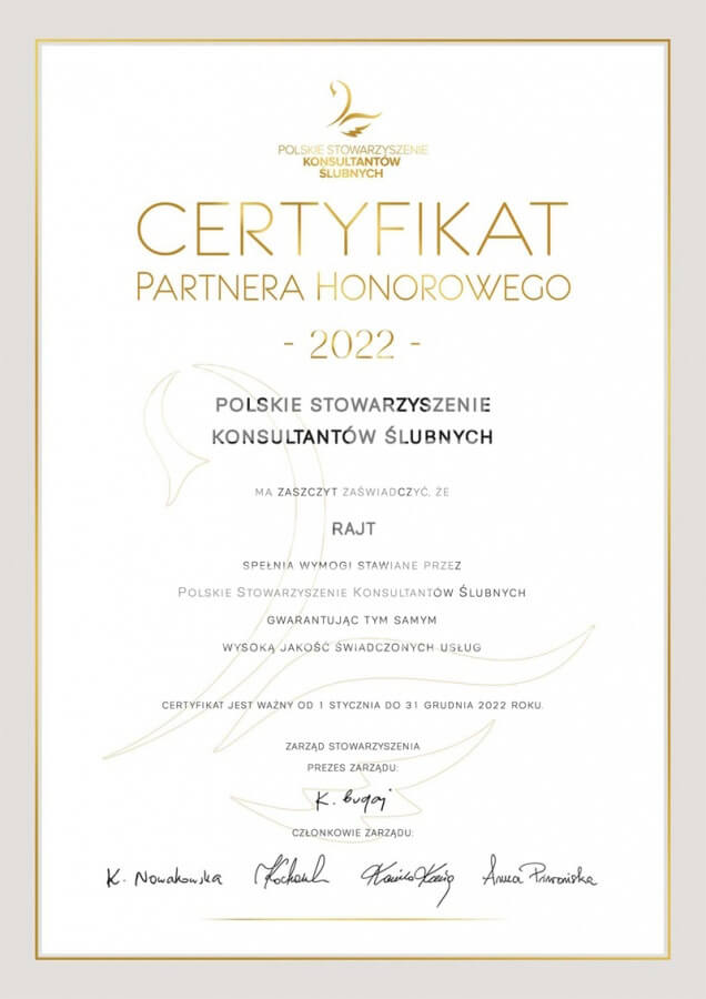 POLSKIE STOWARZYSZENIE KONSULTANTÓW ŚLUBNYCH - Certyfikat partnera honorowego 2022 