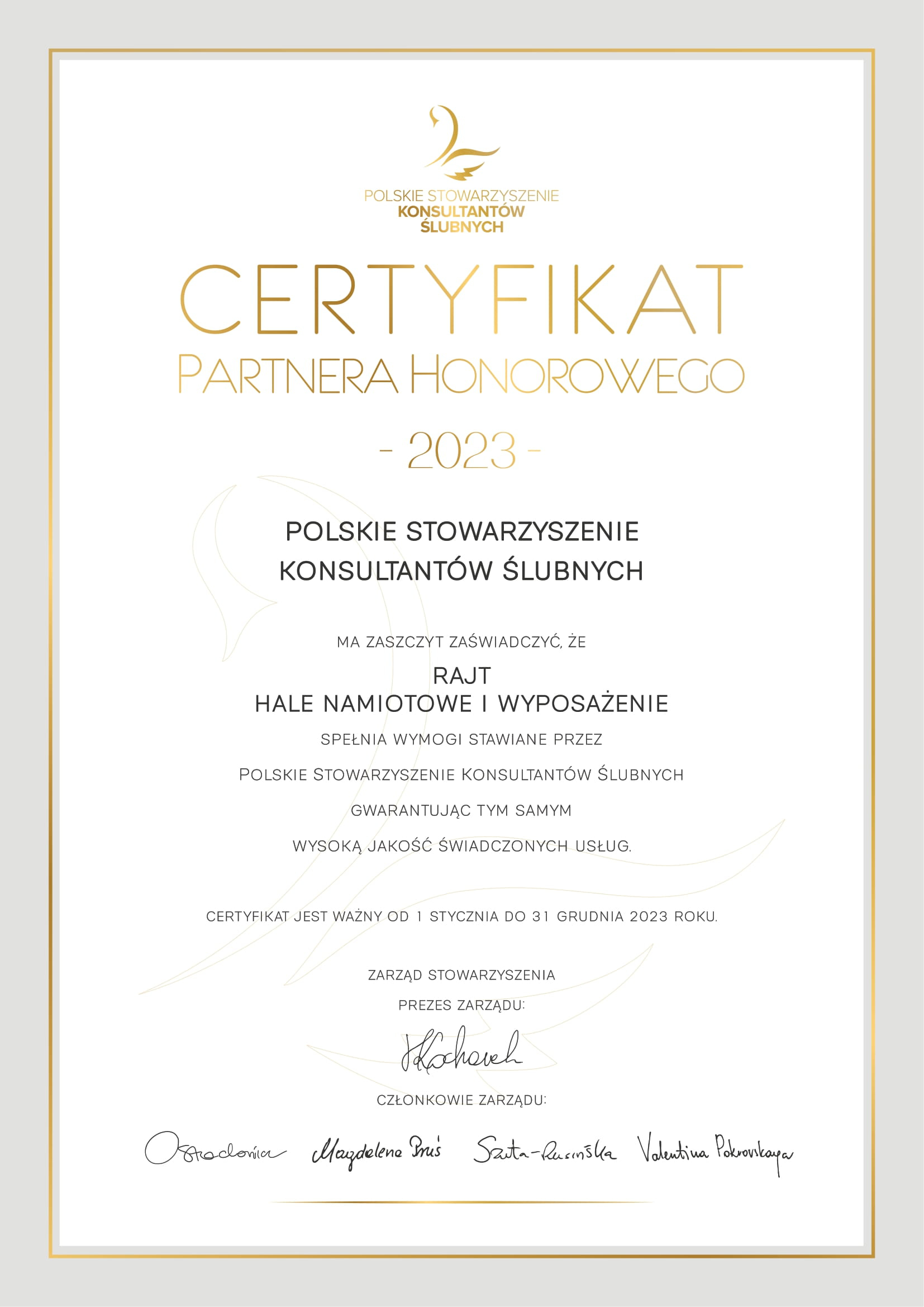 POLSKIE STOWARZYSZENIE KONSULTANTÓW ŚLUBNYCH - Certyfikat partnera honorowego 2022 
