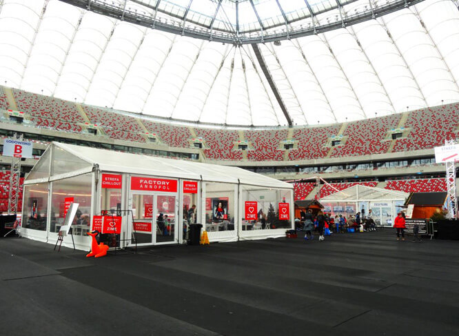 Hala namiotowa na Stadionie Narodowym w Warszawie dla Testa Communication - projekt Zimowy Narodowy 